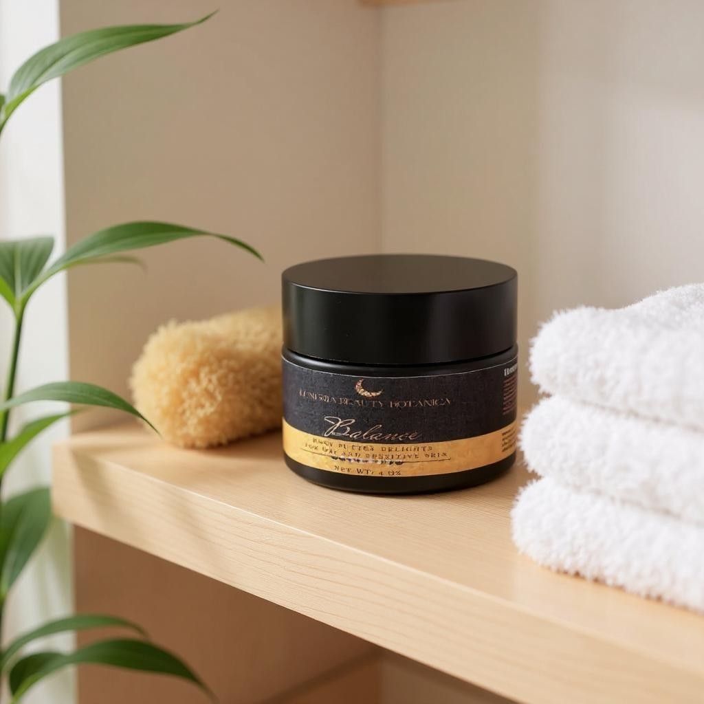 Jar of skincare product on a wooden shelf with towels and a plant in the background