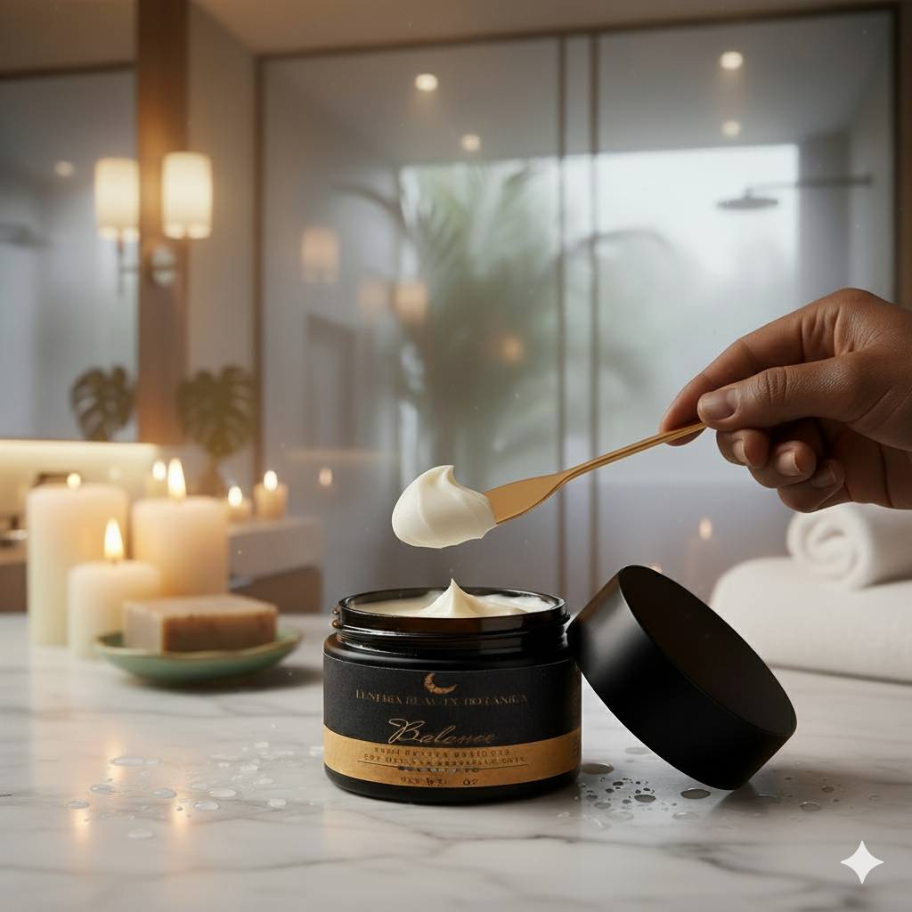 Hand using a spoon to scoop Balance body butter from a jar in a bathroom setting with candles and towels