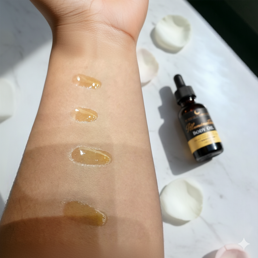 Illumination Body Oil applied to arm, included in the Fix Your D*mn Skin System bundle