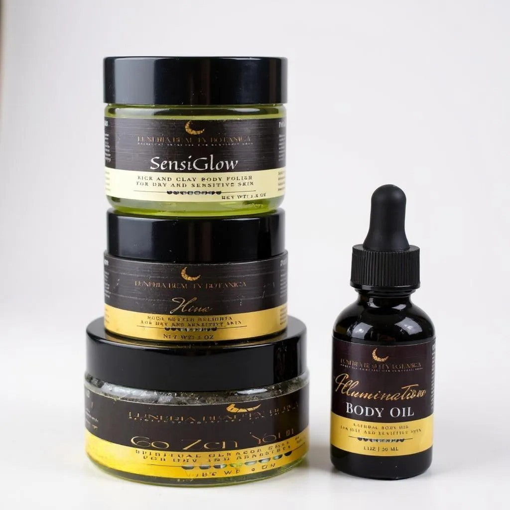 Stack of skincare products with labels on a white background
