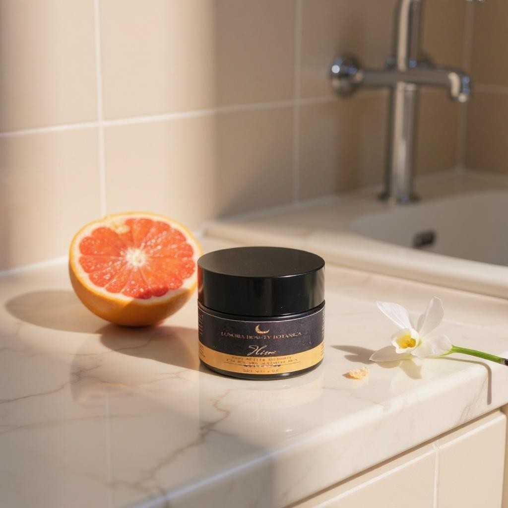 Jar of skincare product on a bathroom counter with a grapefruit and a flower.