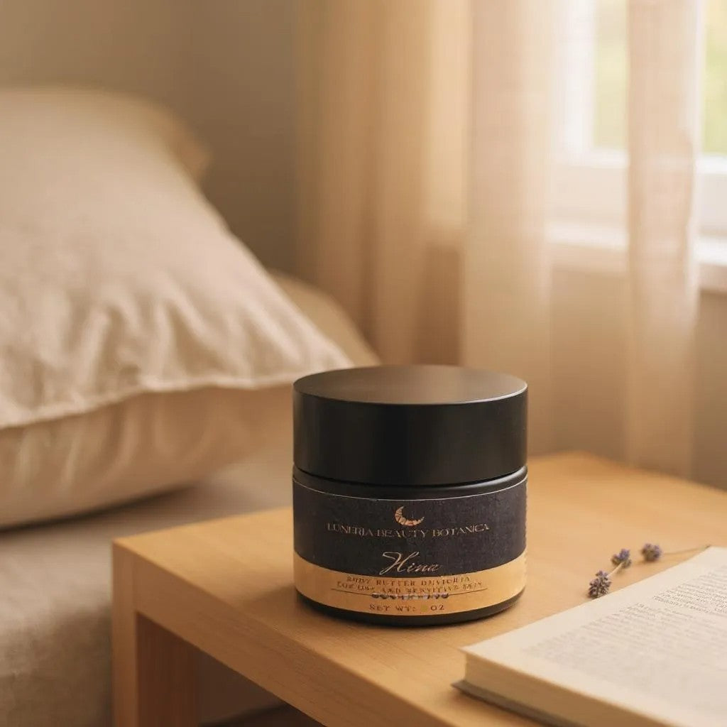 Cosmetic jar on a wooden nightstand with soft lighting