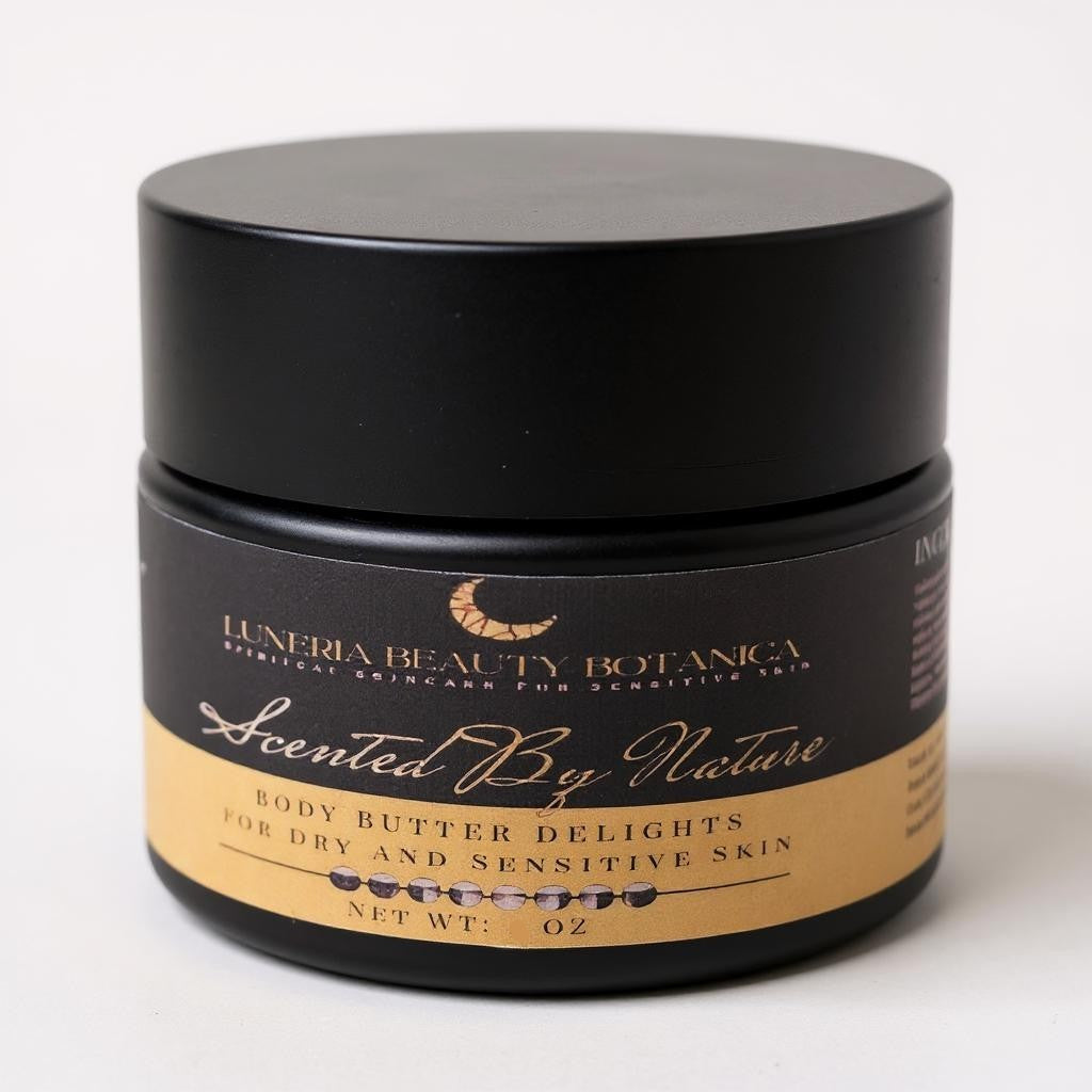Black and gold jar of body butter with 'Luneria Beauty Botanica' branding on a white background