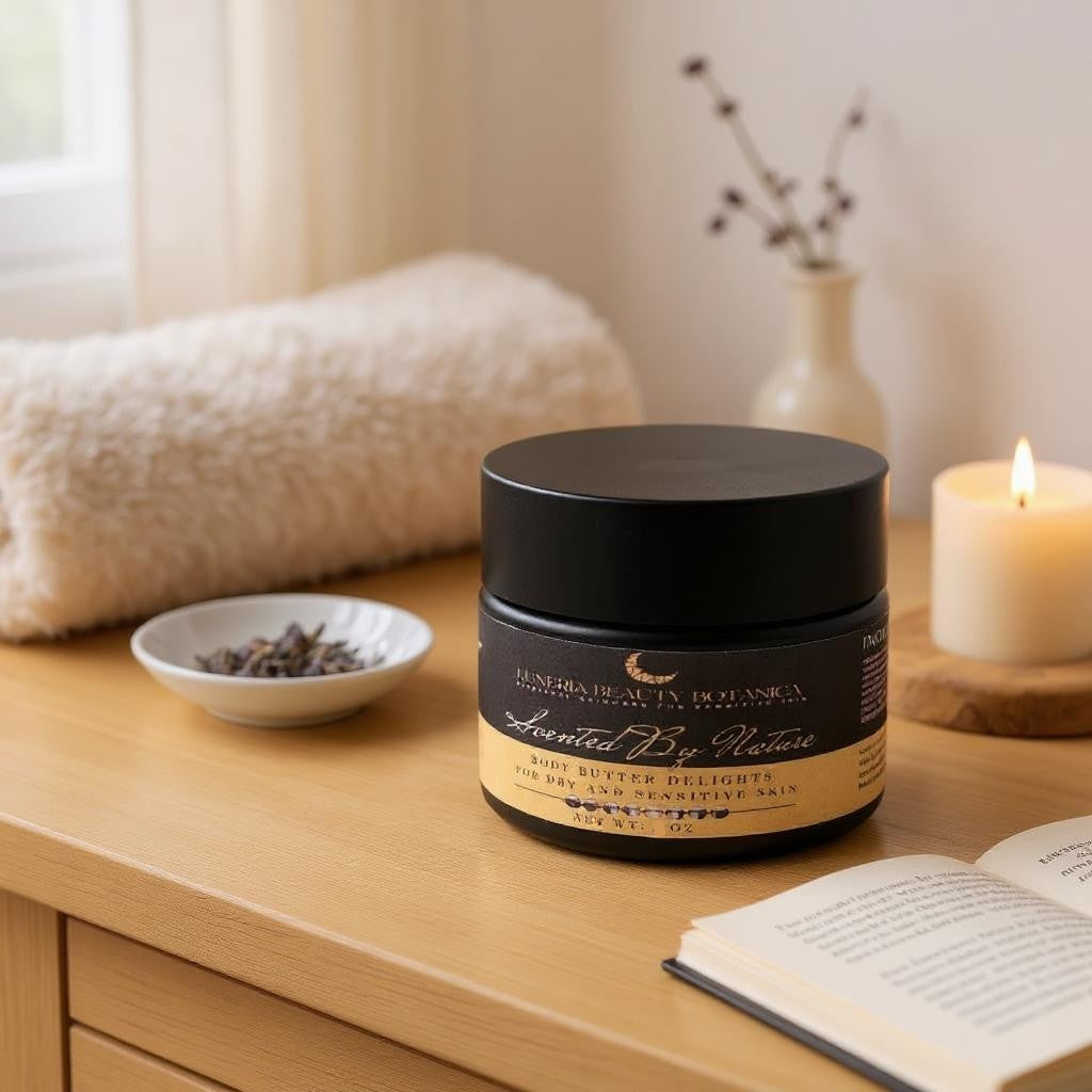 Jar of body butter on a wooden surface with a candle and book in the background