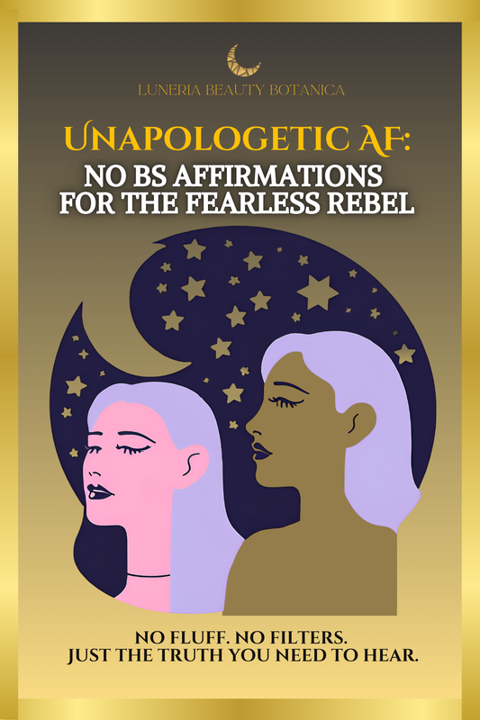 Affirmation card cover with two illustrated women, stars, and a moon on a gold and black background.