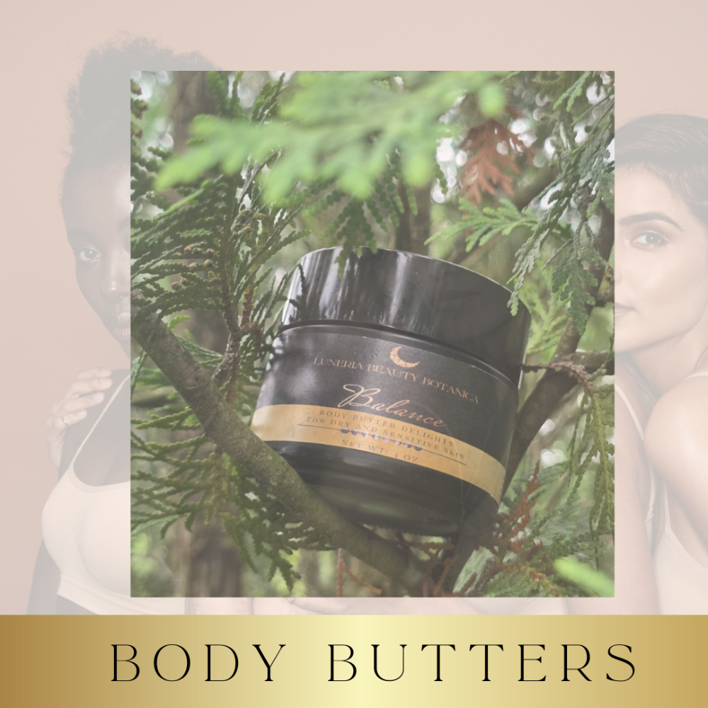 Body butter jar with greenery in the background and 'BODY BUTTERS' text at the bottom.