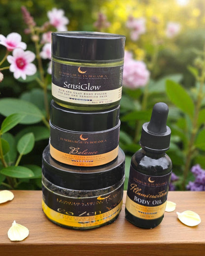 Stack of skincare products with a dropper bottle on a wooden surface with flowers in the background