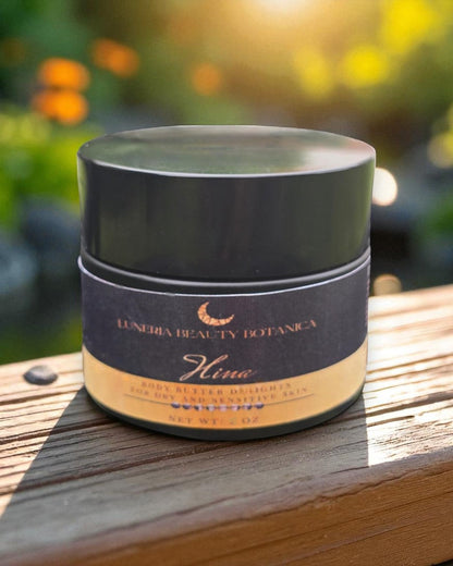 Cosmetic jar with 'Luneria Beauty Botanica' on a wooden surface with a blurred natural background