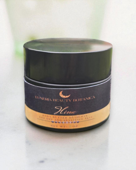 Jar of Luneria Beauty Botanica Hina body butter on a light background