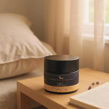 Cosmetic jar on a wooden nightstand with soft lighting