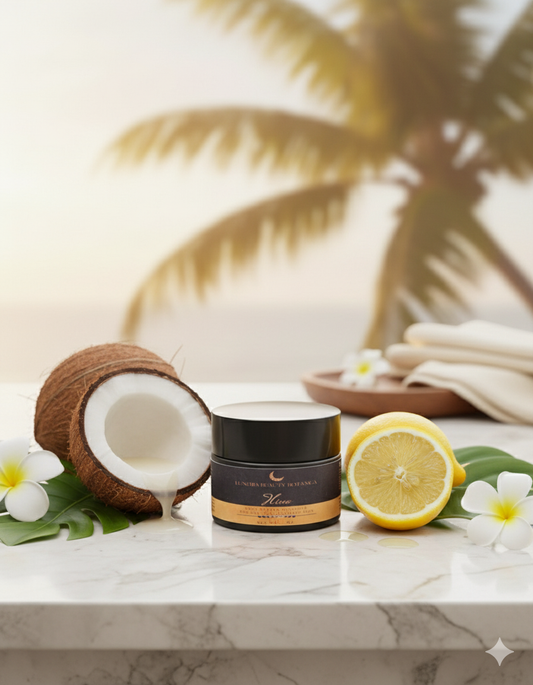 Jar of Hina body butter with coconut, lemon, and tropical leaves on a marble surface, coconut lemon scented moisturizer for sensitive skin