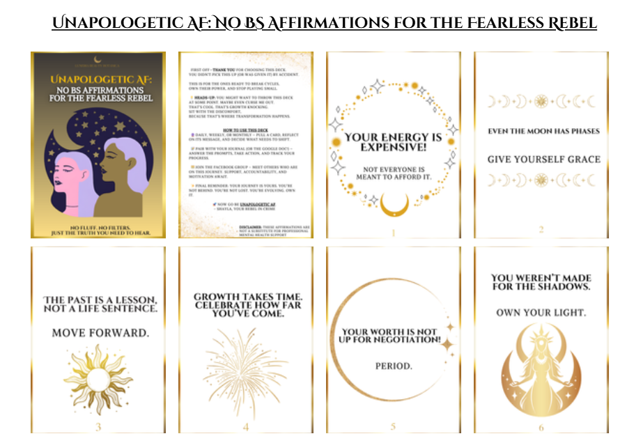 Collection of affirmations for the fearless rebel with motivational text and graphics.