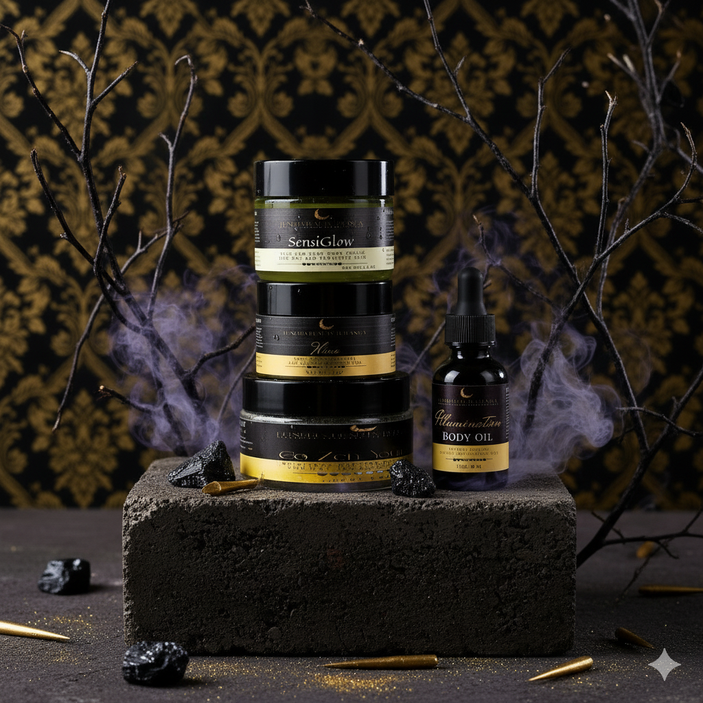 Stack of skincare products on a dark surface with decorative elements