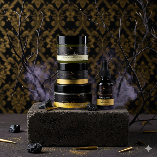 Stack of skincare products on a dark surface with decorative elements
