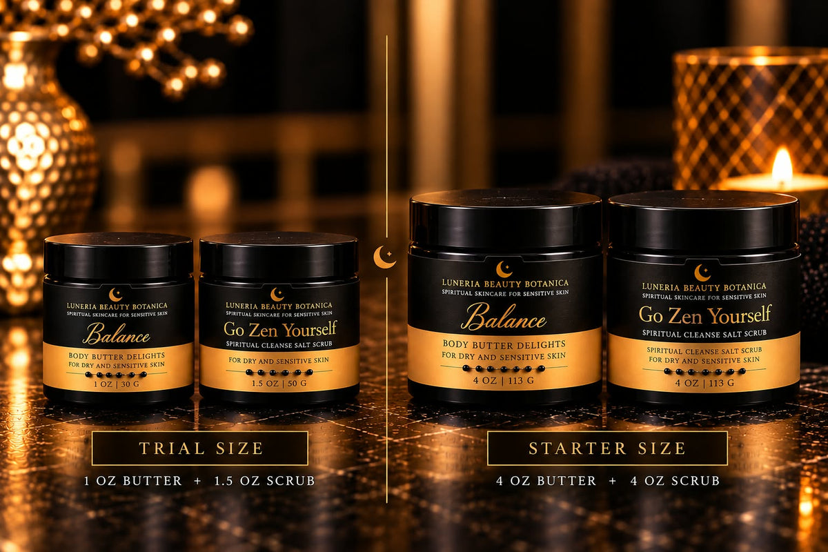 body care products displayed on a dark reflective surface with warm decorative lighting. The set includes two smaller jars labeled Trial Size and two larger jars labeled Starter Size, featuring black lids and gold-and-black labels.